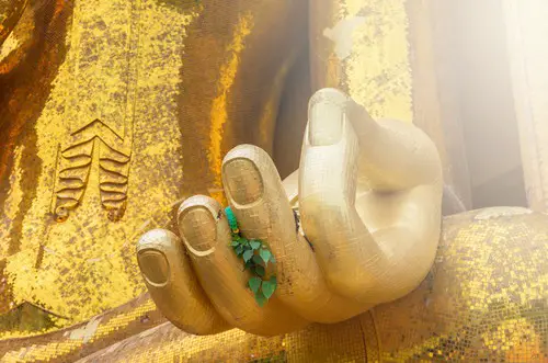 closeup image of the hand of a Buddha statue in meditation, experiencing yoga and meditation benefits
