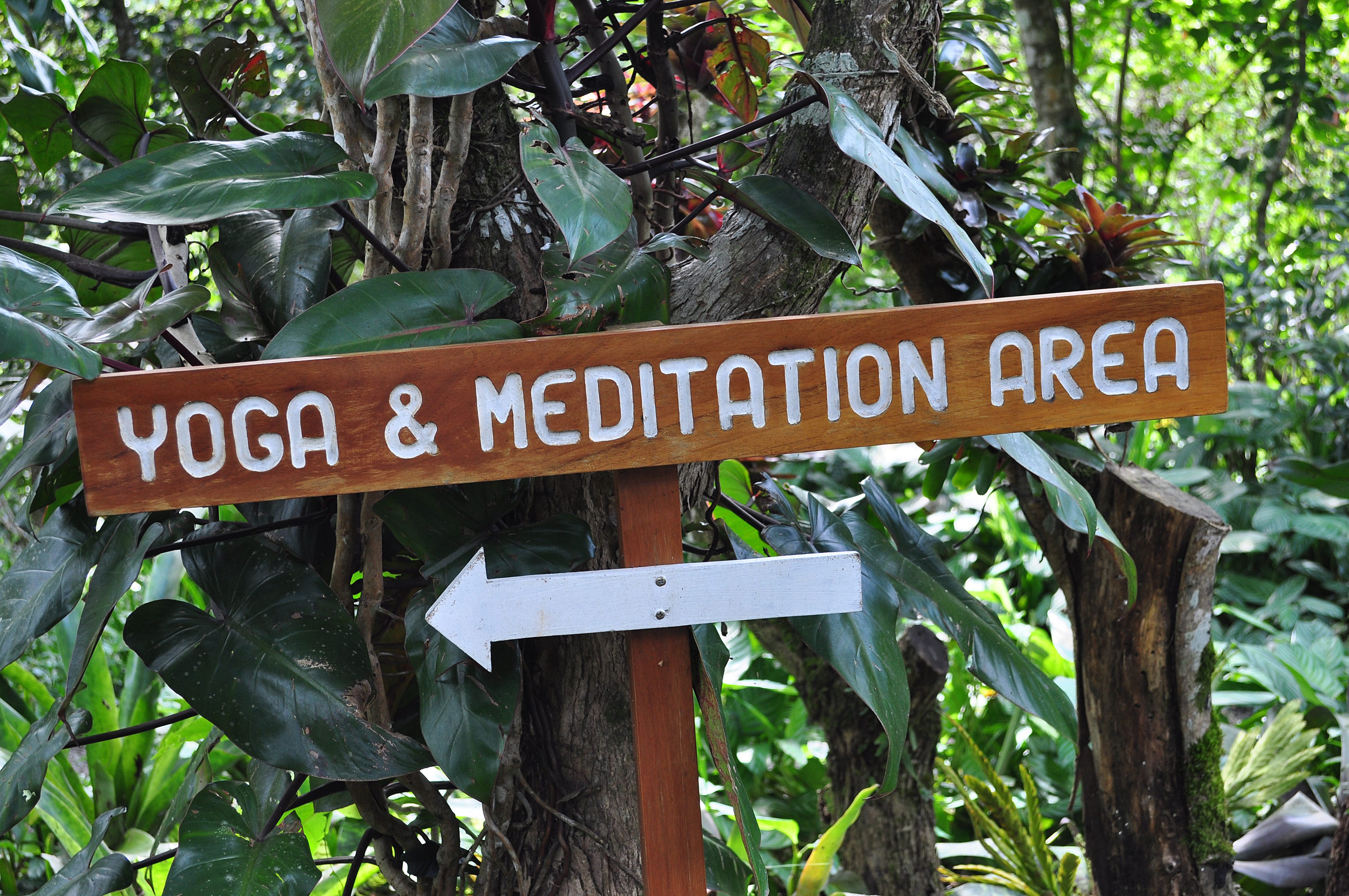 Sign pointing the way to a meditation area at a rural retreat site. Yoga and meditation retreats